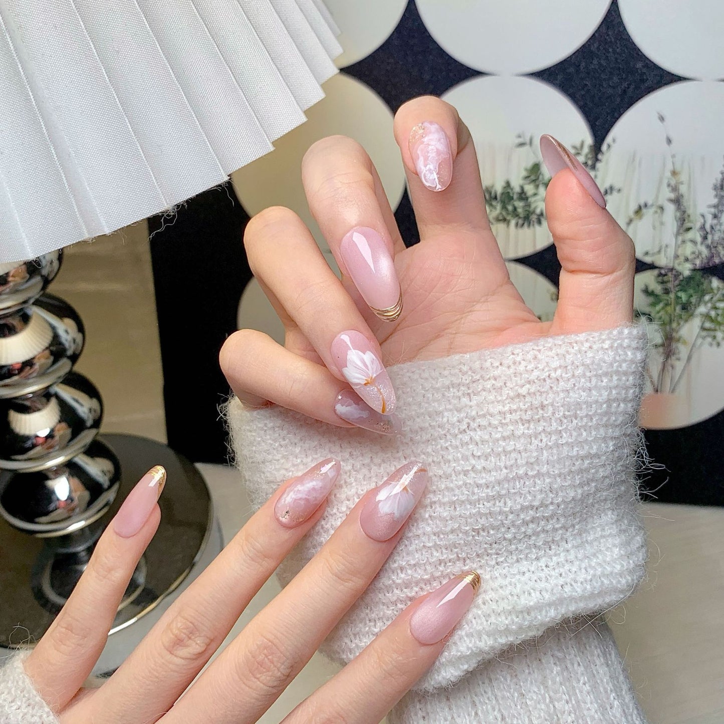 Pink Sheer Sakura Gold Rim Oval Press-On Nails