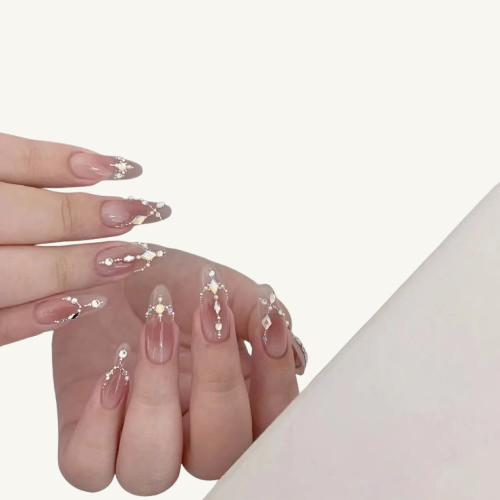 V-Cut Crystal French Press-On Nails | Hand-Set Rhinestone Nude Almond