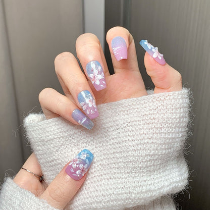 Pink-Blue Cherry Blossom  Trapezoid Press-On Nails