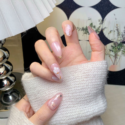 Pink Sheer Sakura Gold Rim Oval Press-On Nails