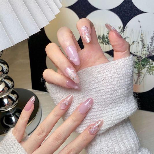 Pink Sheer Gold Accent Oval Press-On Nails
