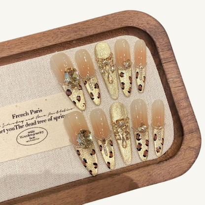French Leopard Press-On Nails | Handmade Luxury Gold Diamond Stiletto