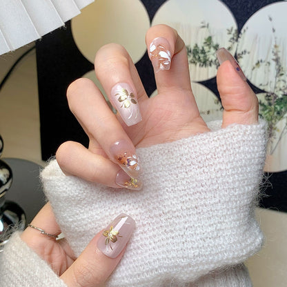 Translucent Orange Gold Foil Squoval Press-On Nails