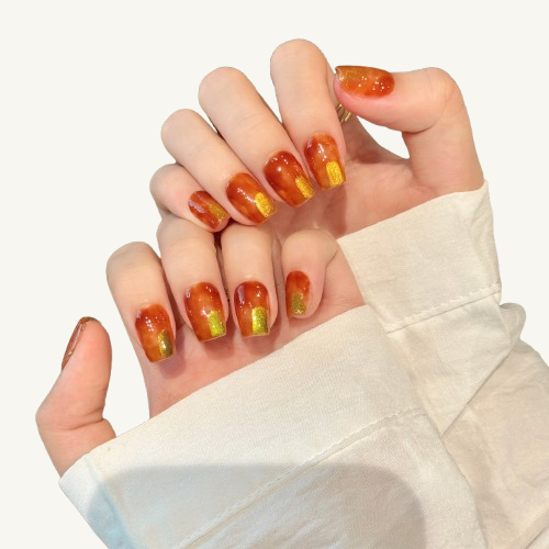 Caramel Latte Press-On Nails | Handmade Glitter Stripe Coffin