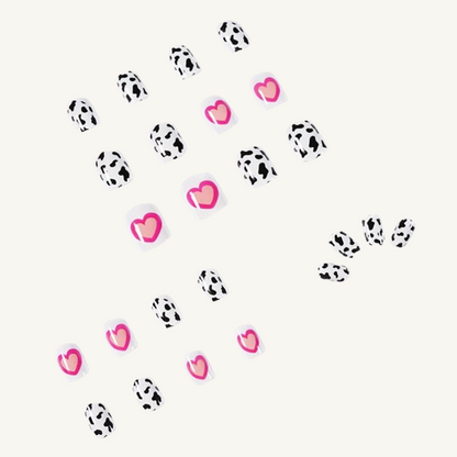 Cow Print & Heart Press-On Nails | Pink Jelly Oval