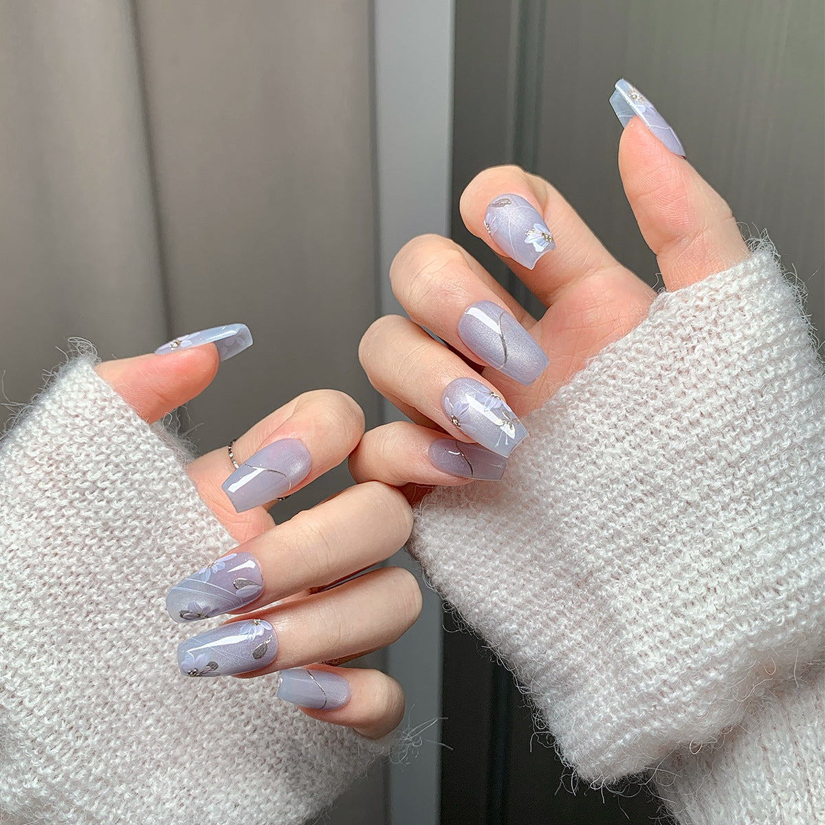 Light Blue Purple Floral Press-On Nails