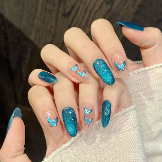 Turquoise Butterfly Oval Press-On Nails