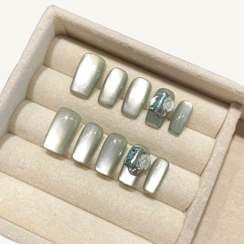 Silver-Green Cat Eye Press-On Nails | Chic Handmade Square Nails
