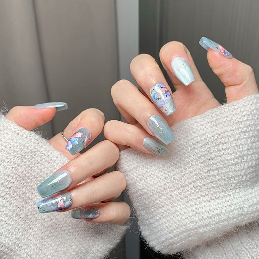 Light Blue Marbled Floral Press-On Nails
