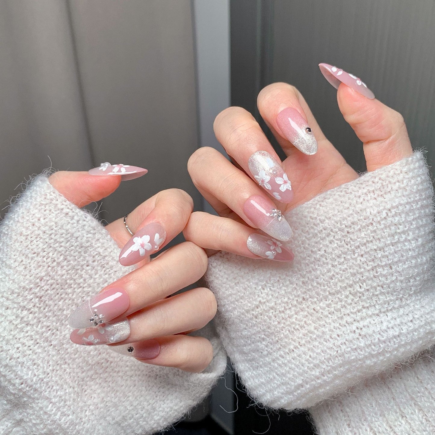 Pink Cherry Blossom Glitter  Press-On Nails