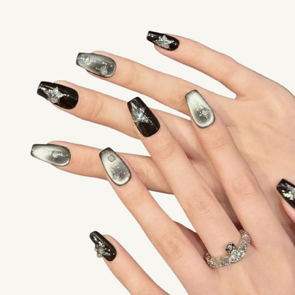 Stardust Meteor Press-On Nails | Handmade Cat Eye Starburst Coffin