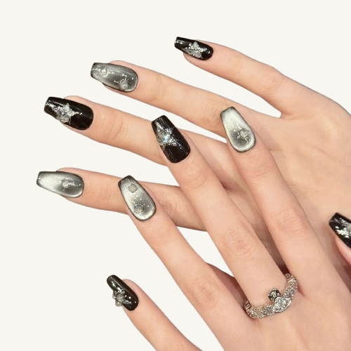 Stardust Meteor Press-On Nails | Handmade Cat Eye Starburst Coffin