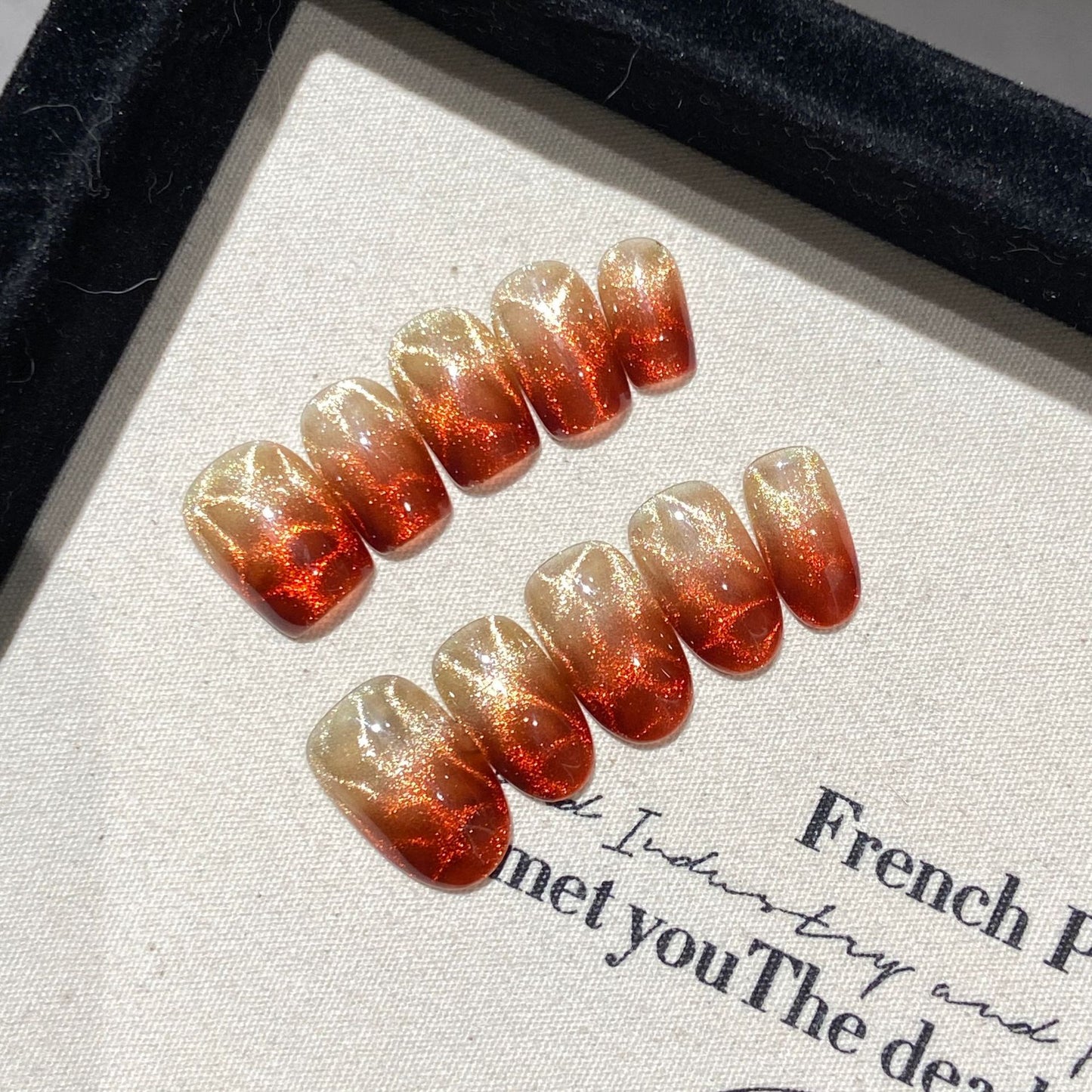 Amber Heart Press-On Nails | Handmade Orange Gold Cat Eye
