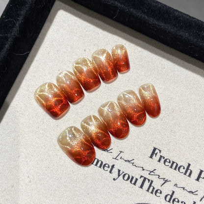 Amber Heart Press-On Nails | Handmade Orange Gold Cat Eye