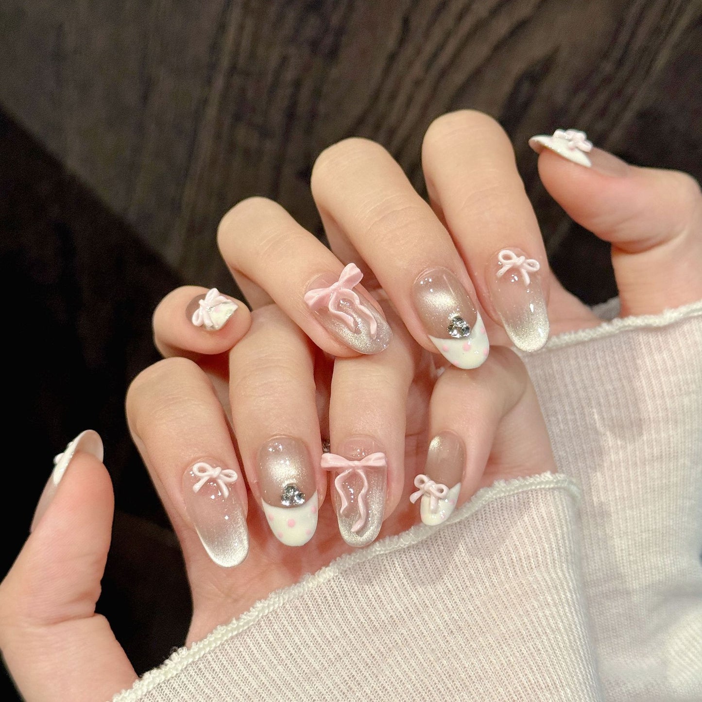 Nude Pink Bow Short Oval Nails