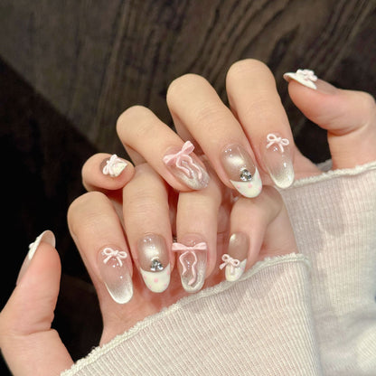 Nude Pink Bow Short Oval Nails