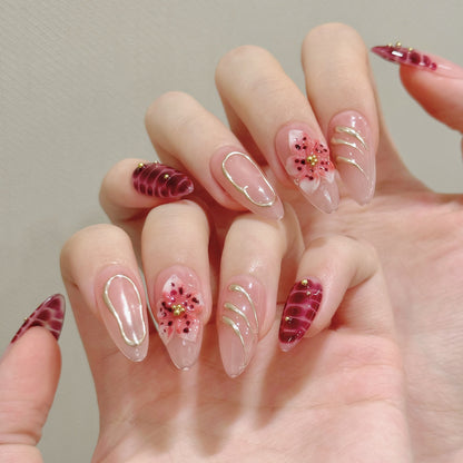 Pink Red Floral Medium Press-On Nails