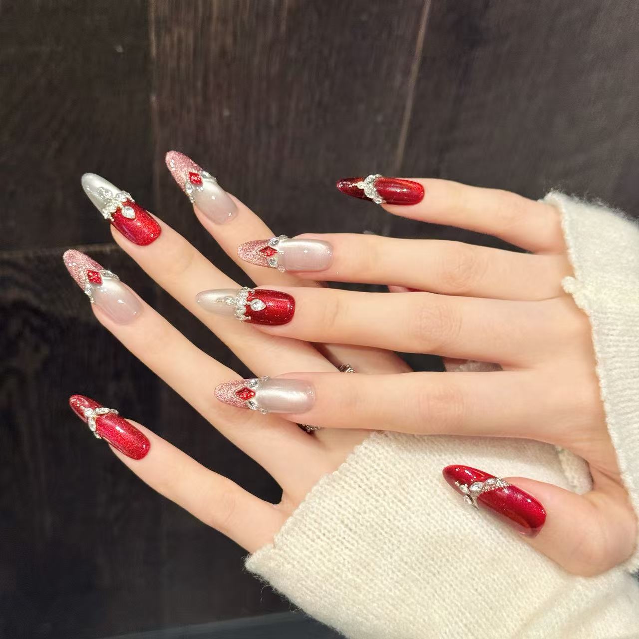 Red Silver Gem Oval Press-On Nails