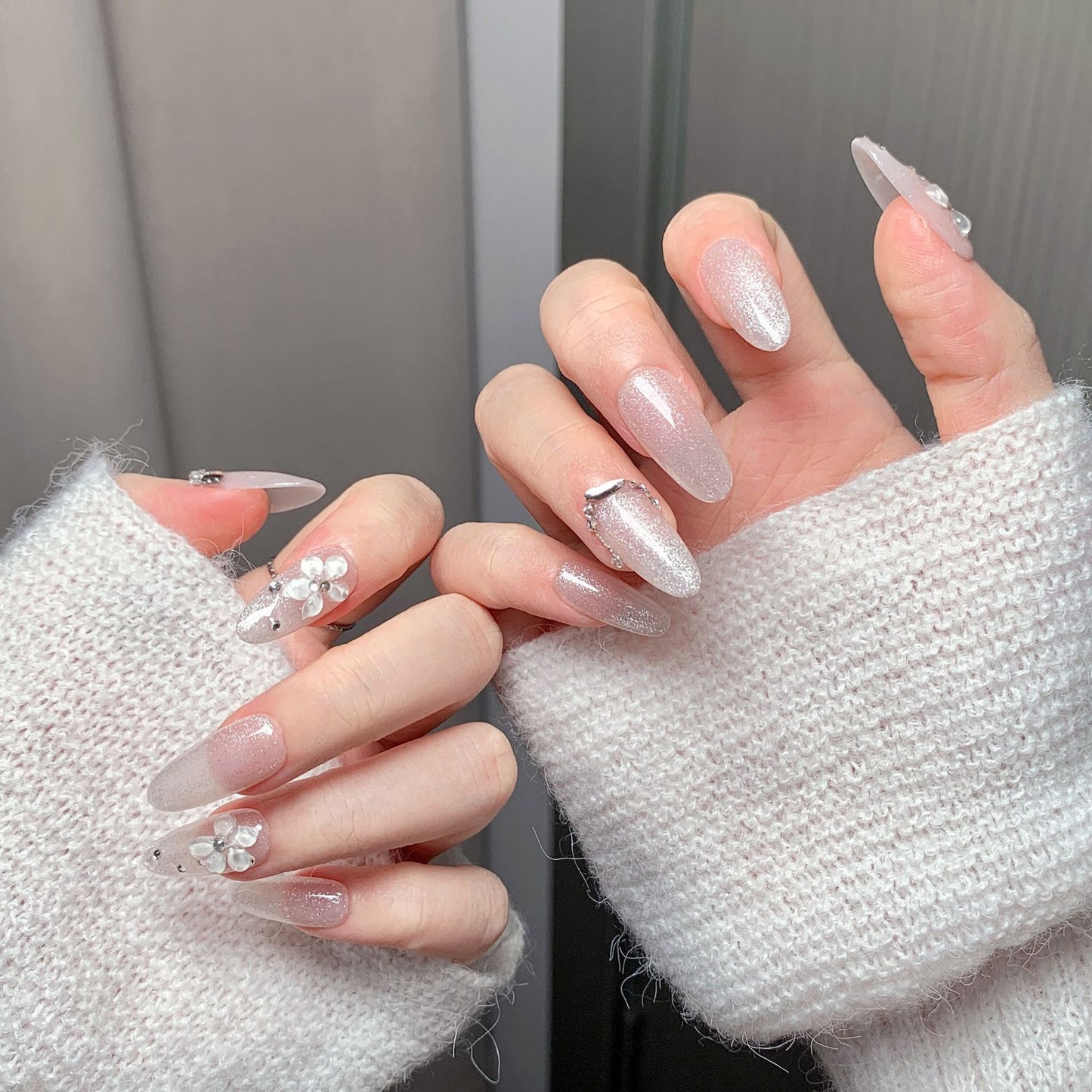 Glitter Floral  Almond Press-On Nails