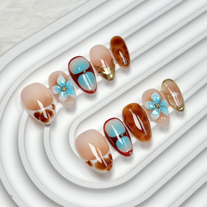 Brown-Pink Floral Short Almond Press-On Nails