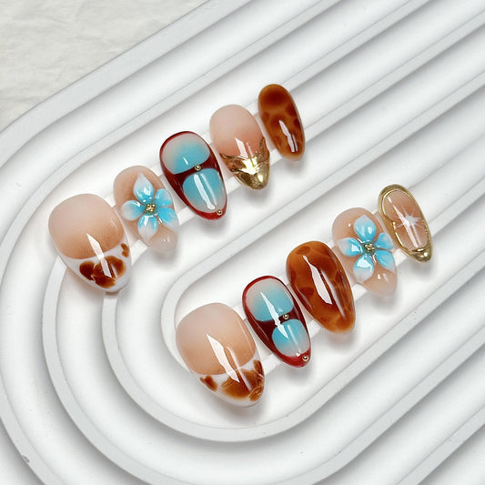 Brown-Pink Floral Short Almond Press-On Nails