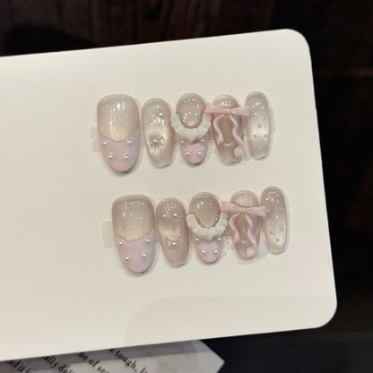 Pink Pearl Bow Medium Oval Press-On Nails