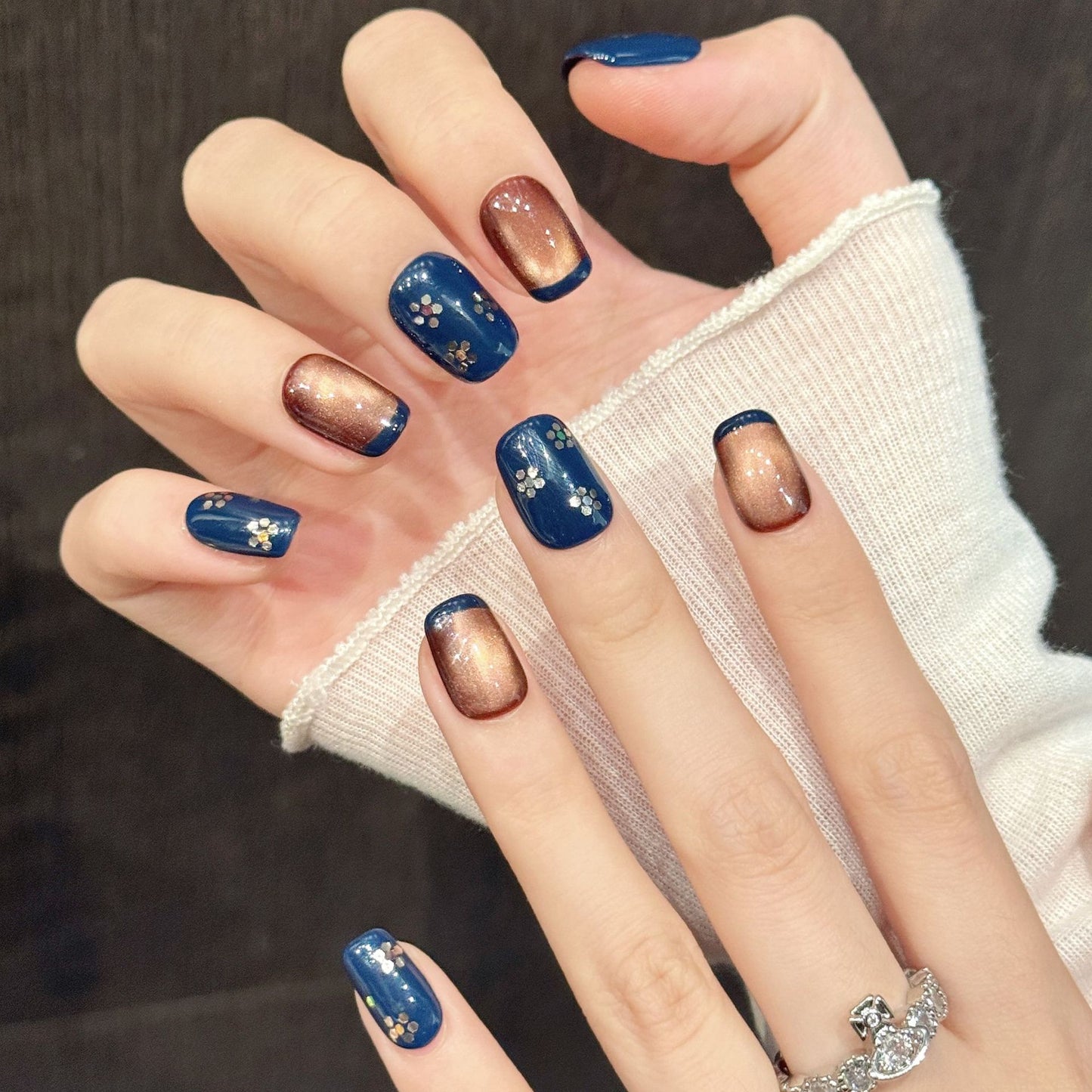 Navy Copper Glitter Short Oval Nails