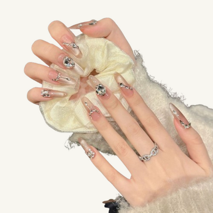 Nude Cat Eye Jewelry Press-On Nails | Long Handmade Fake Nails