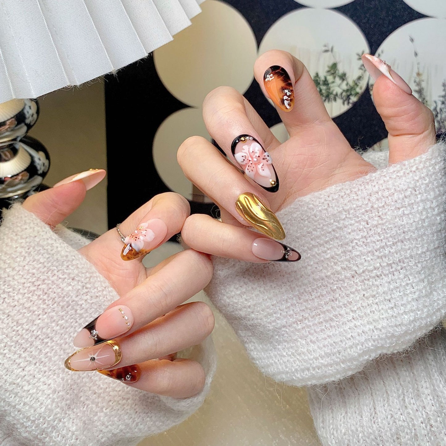 Pink-Brown Gold Short Almond Press-On Nails