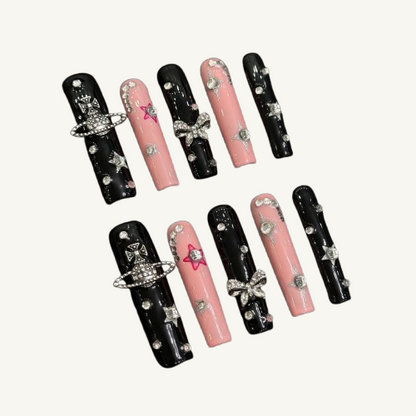3D Saturn Press-On Nails | Long Square Handmade Fake Nails