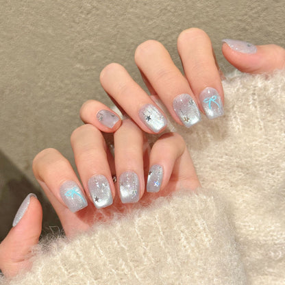 Silver Star Sparkle Short Coffin Press-On Nails