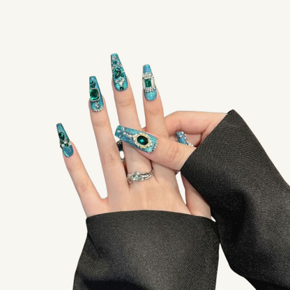 Mermaid's Trove Press-On Nails | Handmade Emerald Glitter Coffin