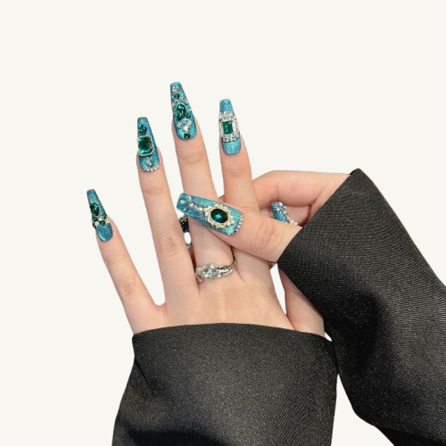 Mermaid's Trove Press-On Nails | Handmade Emerald Glitter Coffin