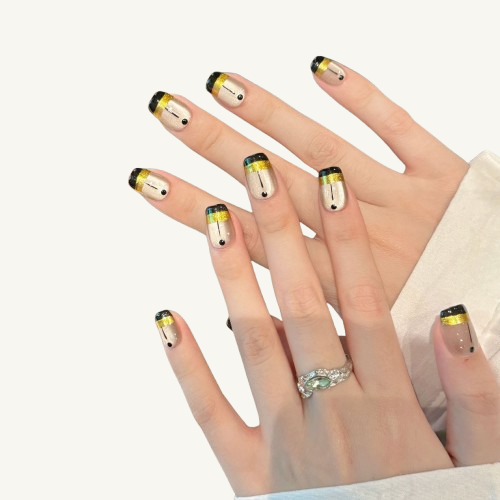 Geometric Press-On Nails | Handmade Line Art Gold Foil Short Coffin