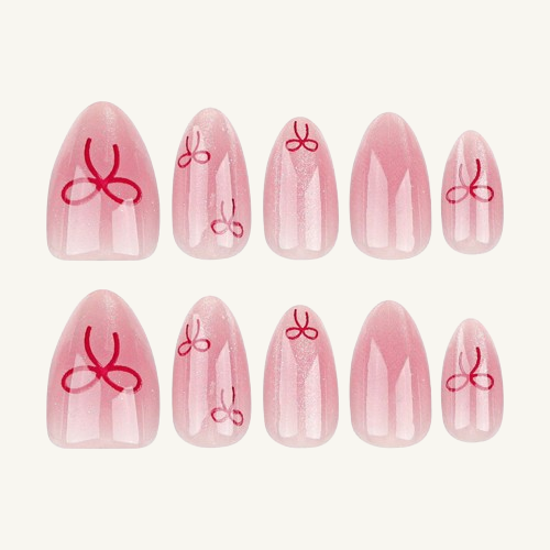 Kawaii Red Knot Nails  Press-Ons | Blush Shimmer Stiletto