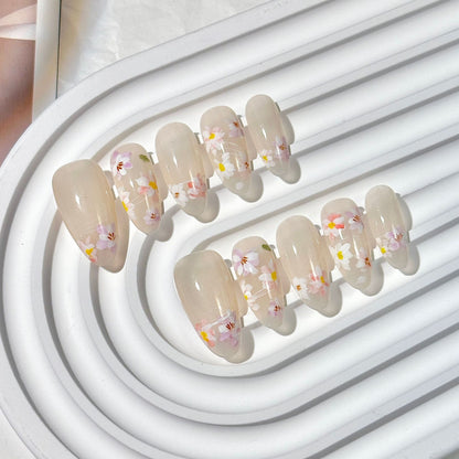 Sheer Floral Almond Press-On Nails