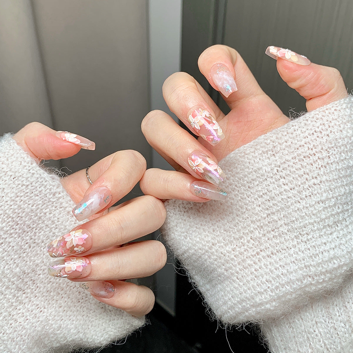 3D Flower Short Square-Round Press-On Nails