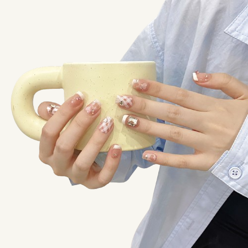 Pink Gem Plaid Press-On Nails | Handmade Checkerboard Oval