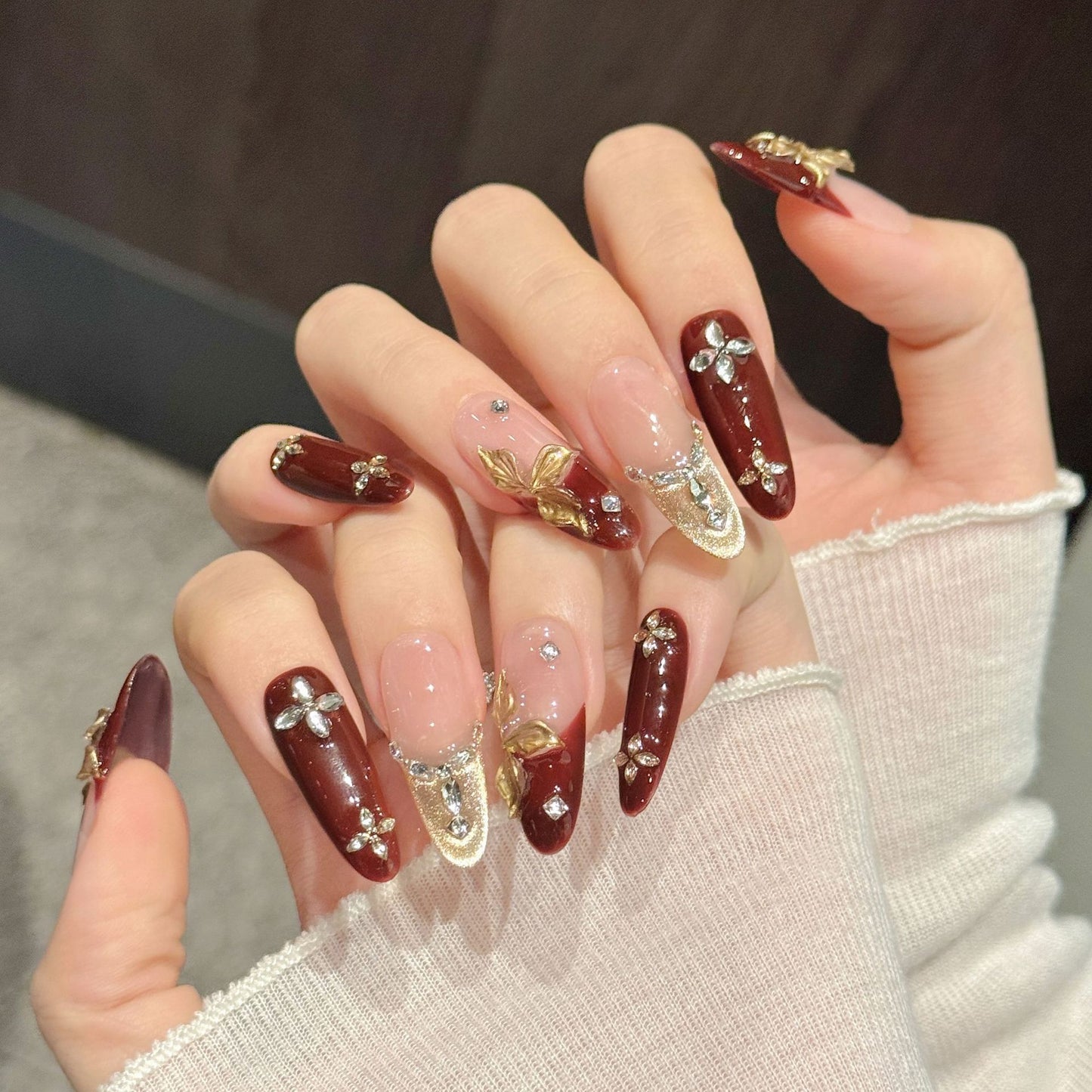Burgundy Gem Stiletto Press-On Nails