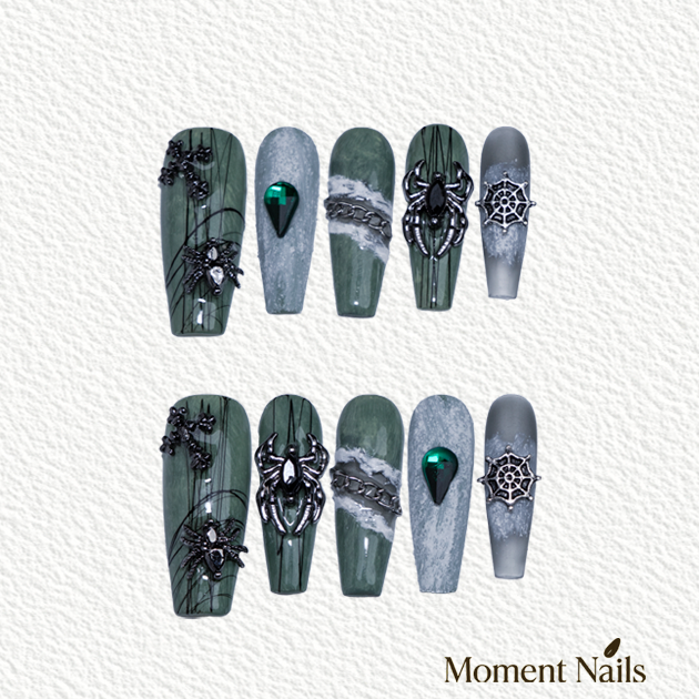 Dark Punk Press-On Nails | Handmade Metallic Spider Coffin Nails