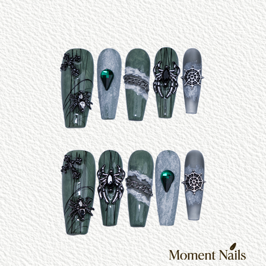 Dark Punk Press-On Nails | Handmade Metallic Spider Coffin Nails